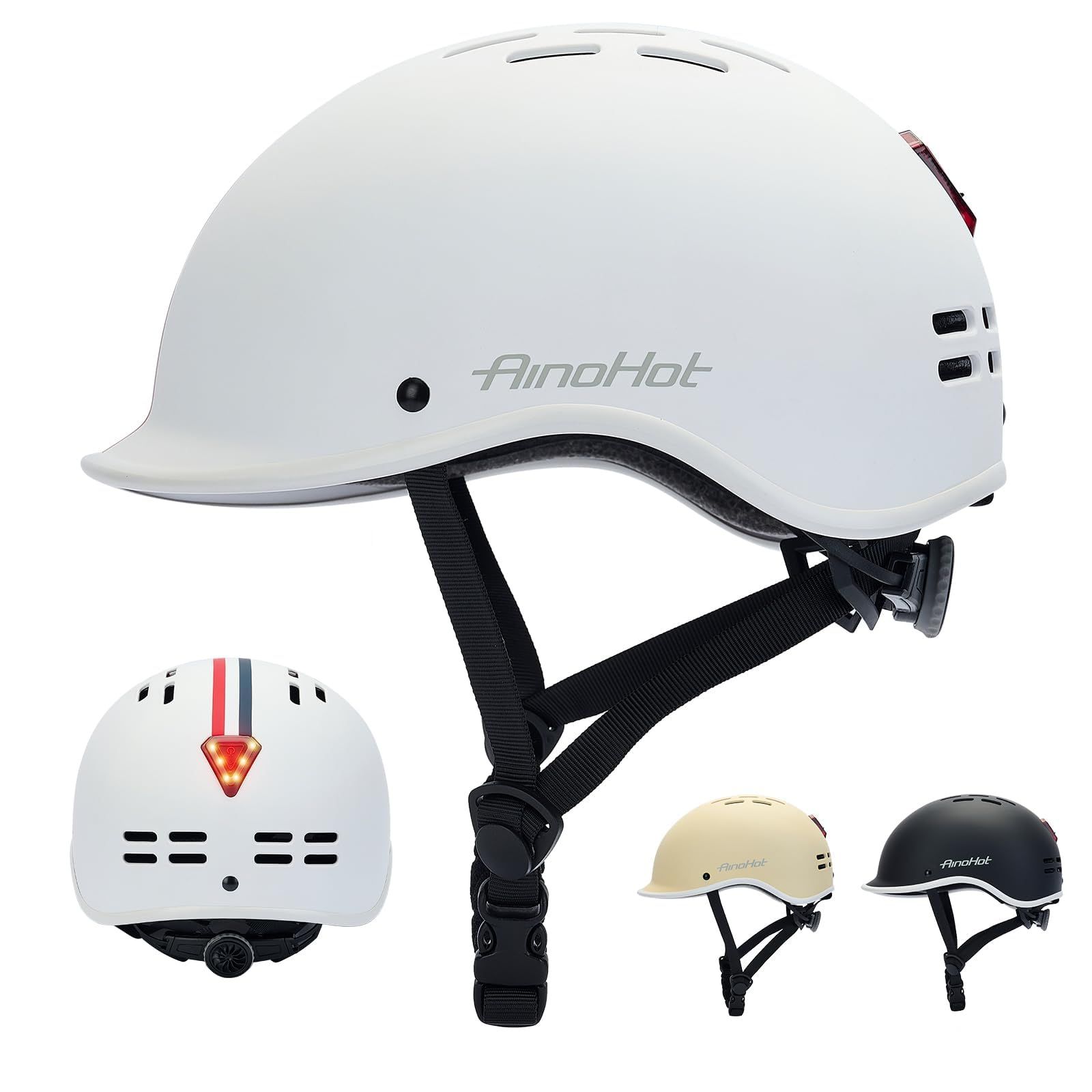 Rongbenyuan 自転車 ヘルメット 【LEDライト付】 大人用 18個通気口 58-62cm サイクリングヘルメット 軽量 スポーツ ロードバイクヘルメット 耐衝撃 高剛性 丈夫 サイズ調整可能 アゴパッド サンバイザー付き 男女兼用 CE認定済み (