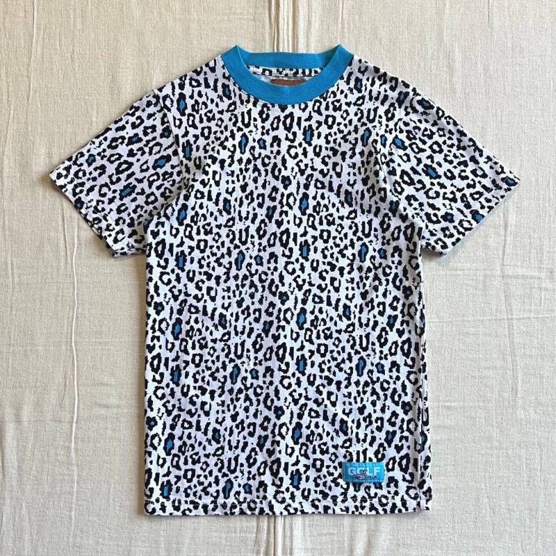 希少　archive　アーカイブ古着　GOLF WANG　ゴルフワン　デジタルレオパード　アニマル柄　半袖Tシャツ　リンガーネック　裾ロゴ刺繍タグ　ホワイト×ライトブルー　XS　Y2K　ストリート　個