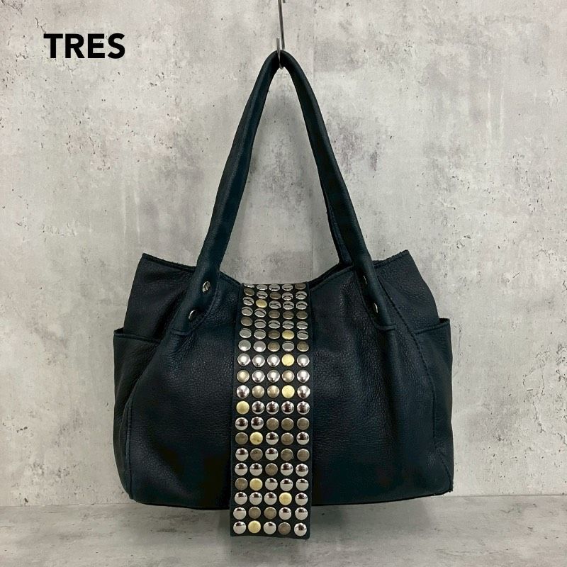 TRES トレ ハンドバッグ トートバッグ　黒 牛革 TRES トレ トートバッグ スタッズ レザー 本革 シボ革 ブラック 黒