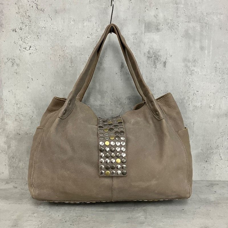 TRES トレ トートバッグ スタッズ レザー 本革 グレー 灰色 ゴールド