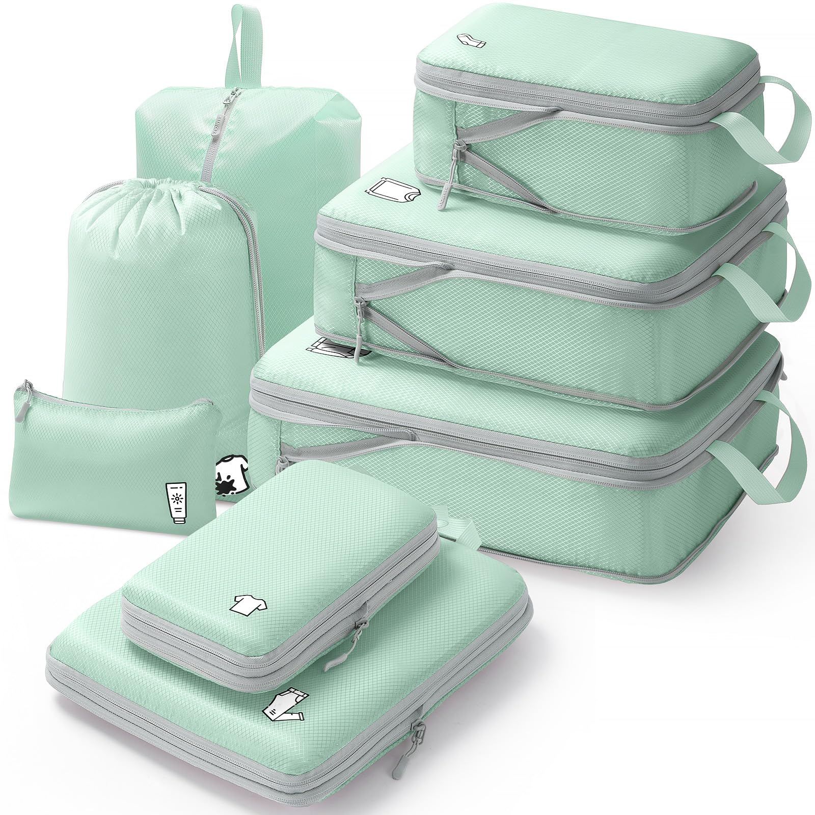 Samfolk Travel Compression Bag, Travel Pouch, Compression Pouch, Clothes Storage, Clothes Sorting, Suitcase Storage, Water Repellent, Washable, Business Trips, School Trips, Overseas Trips (Green, 8 pcs) 075439b4