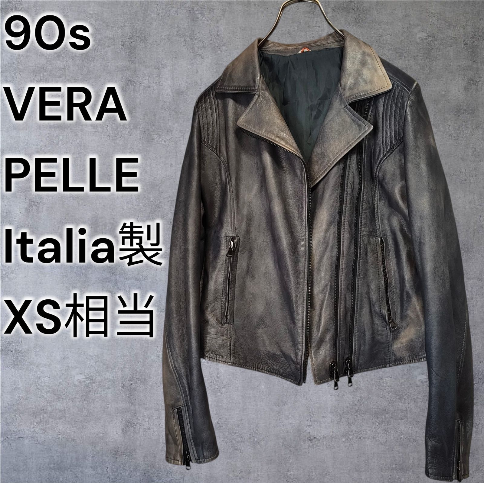 イタリア製 ユーロヴィンテージ 本革 ダブルライダースジャケット シープスキン 羊革 レザージャケット 茄子紺 炭黒 フェード 古着 VERA PELLE Double Riders Leather Jacket Navy Gray 42 極細身メンズXS相当