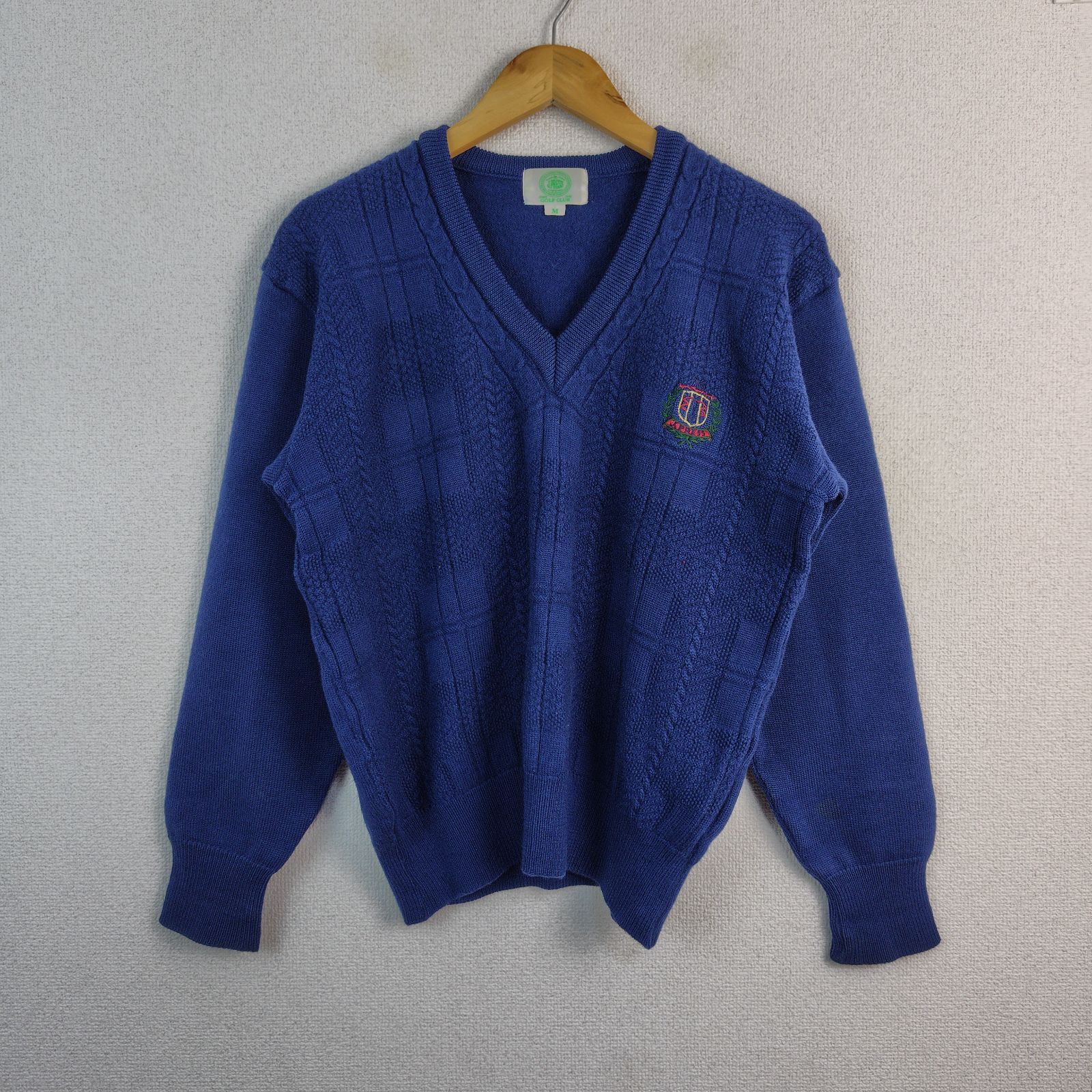 J.PRESS GOLF CLUB ジェイプレス Ｖネック ニット セーター ロゴ刺繍 ブルー Mサイズ メンズ 古着 シティーボーイ アメカジ