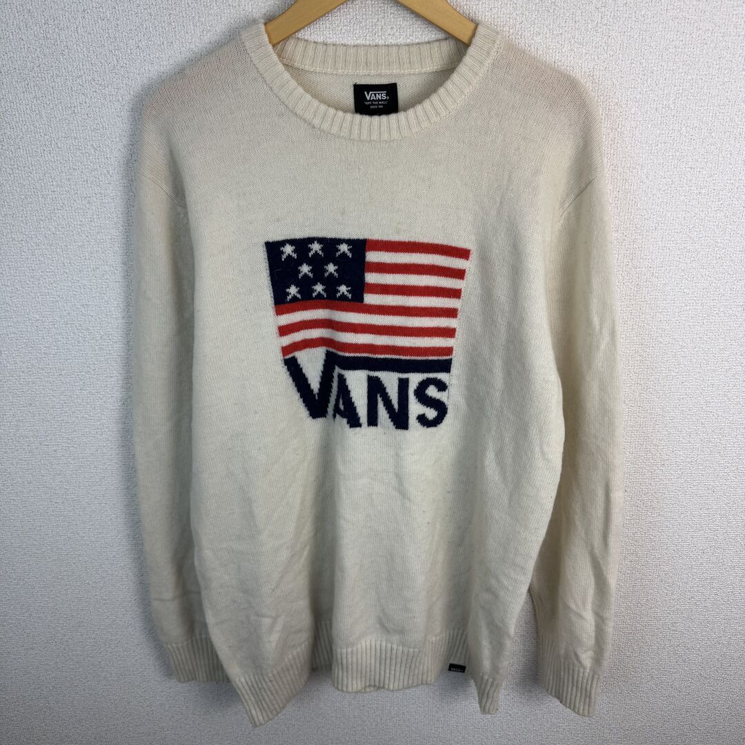 VANS ヴァンズ 星条旗ロゴプリントニット セーター ホワイト L メンズ 古着 ストリート アメカジ