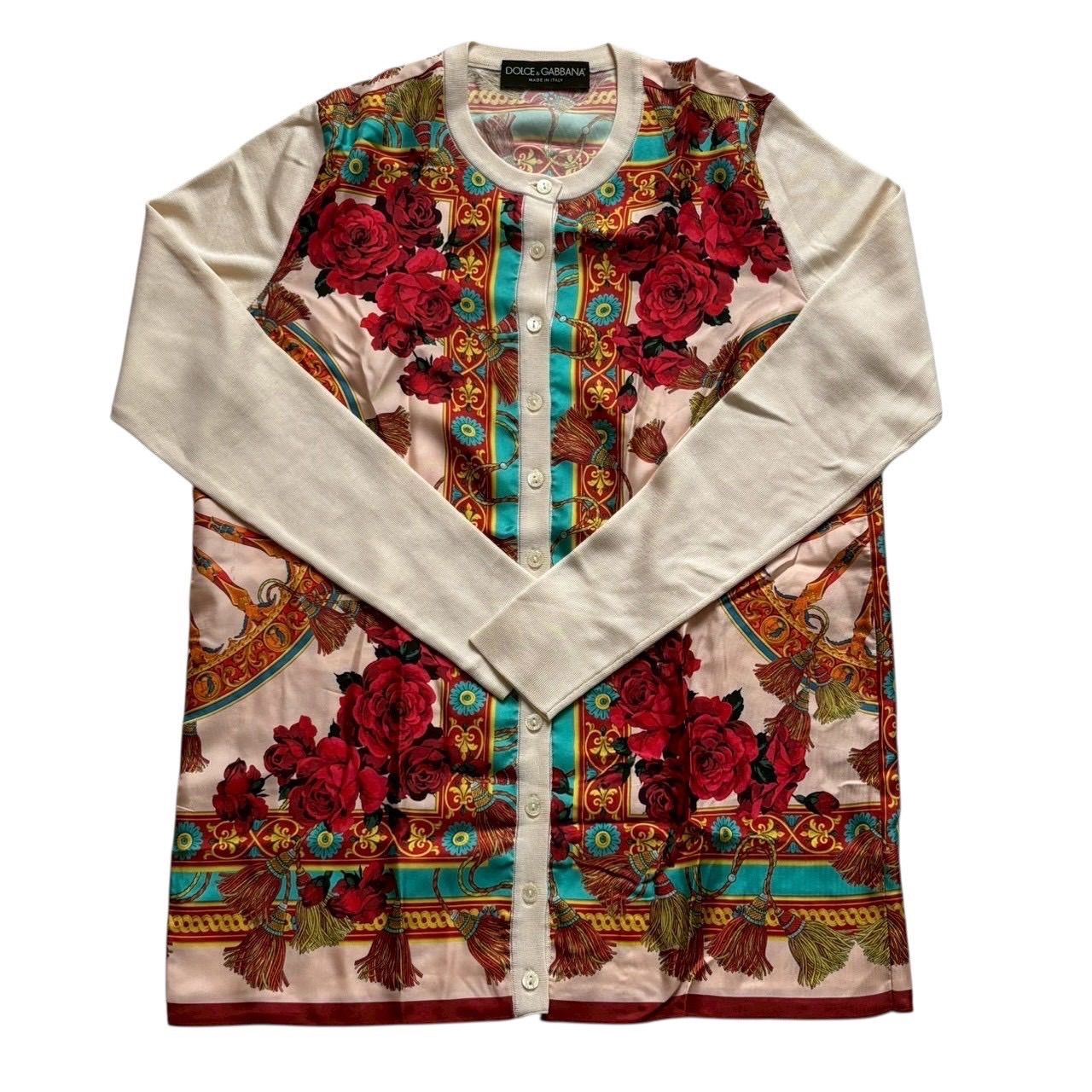 DOLCE&GABBANA ドルチェ&ガッバーナ カーディガン 白 赤系 マルチカラー 羽織 上着 花柄 フラワー シルク レディース サイズ40 Lサイズ