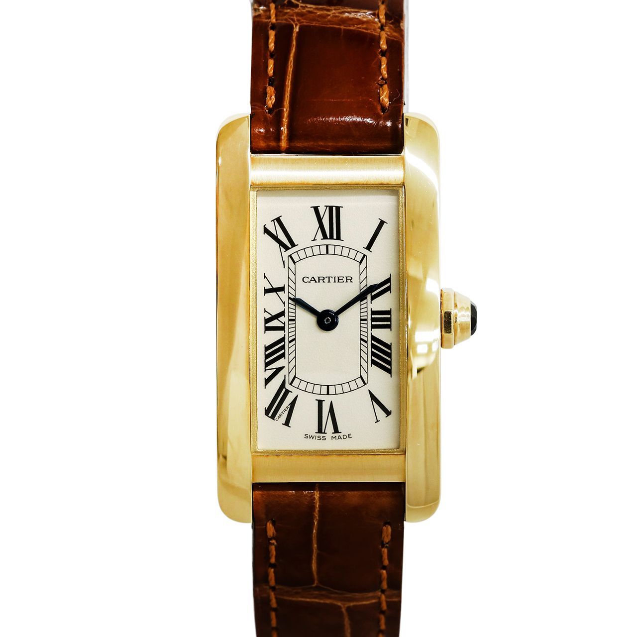 Cartier カルティエ 750 K18 YG タンクアメリカン SM W2601556 白文字盤 ブラウン 革ベルト クォーツ 腕時計