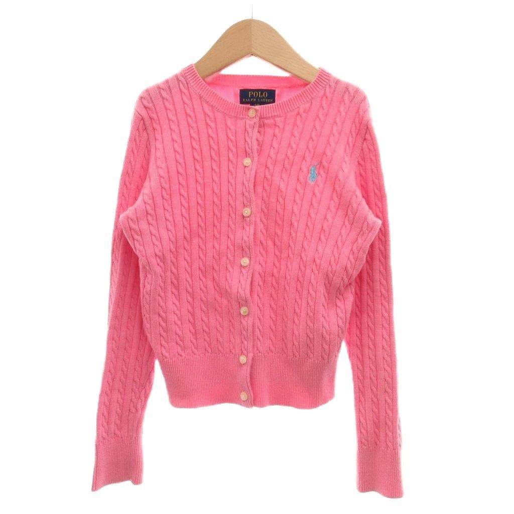 ポロ バイ ラルフローレン Polo by Ralph Lauren 美品 カーディガン 7 ピンク ケーブルニット ロゴ刺繍 長袖 /NL ■ECF004