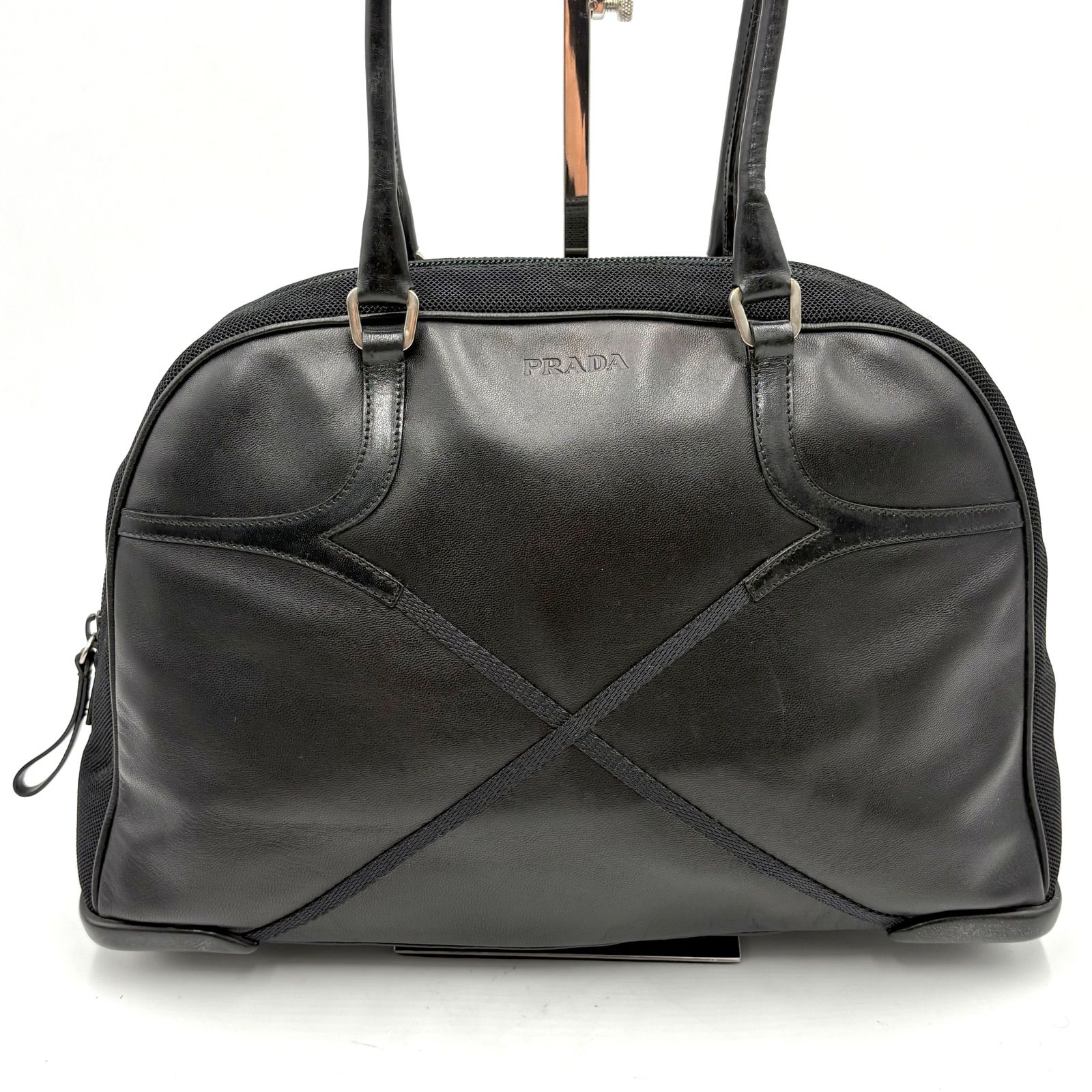 Auth Prada Y2K NAPPA FIBBIE Bowling Tote Bag Leather Mesh B10510 