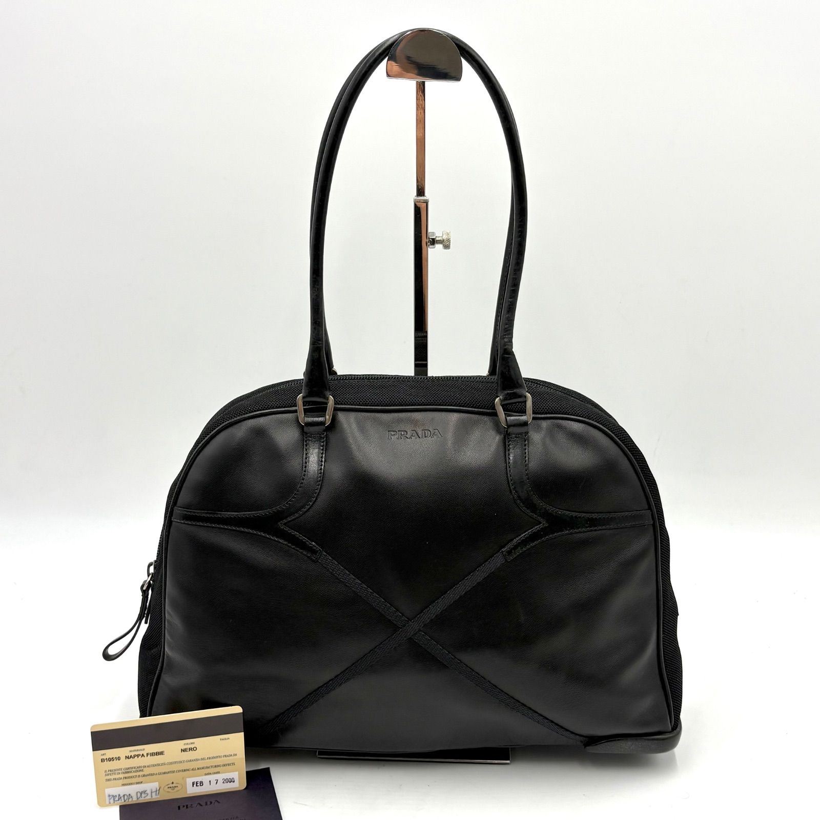 Auth Prada Y2K NAPPA FIBBIE Bowling Tote Bag Leather Mesh B10510 