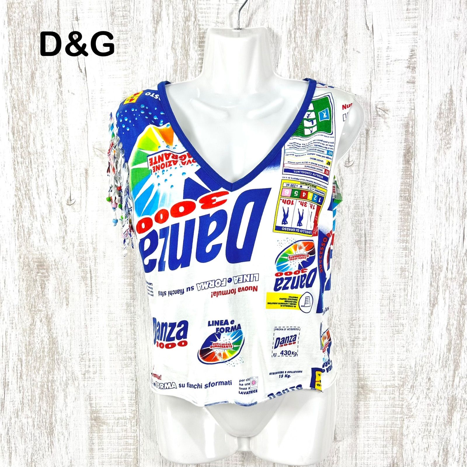 レア 00s D&G DOLCE&GABBANA ドルチェアンドガッバーナ 企業ロゴ風プリント フリンジ Vネック タンクトップ マルチカラー レディース ノースリーブ トップス y2k 平成ギャル