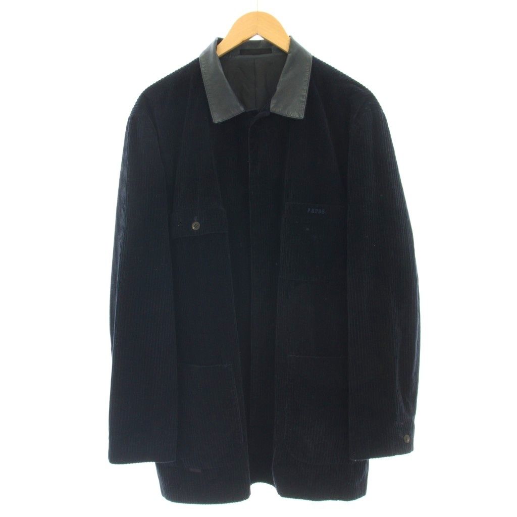 パパス Papas コーデュロイ ジャケット  襟レザー L ネイビー パパス Papas コーデュロイジャケット 襟レザー ジャケット L ネイビー