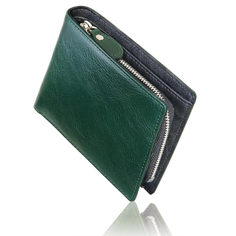 [ＤＯ　Ｄｅａｎ　Ｏｌｓｅｎ] 財布 メンズ 二つ折り 本革 折りたたみ財布コンパクト オイルドレザー 紳士用 Made in Japan 熟練職人による手作り 人気ブランド ギフトBOX入り プレゼント 父の日(グリーン×ブラック) 0