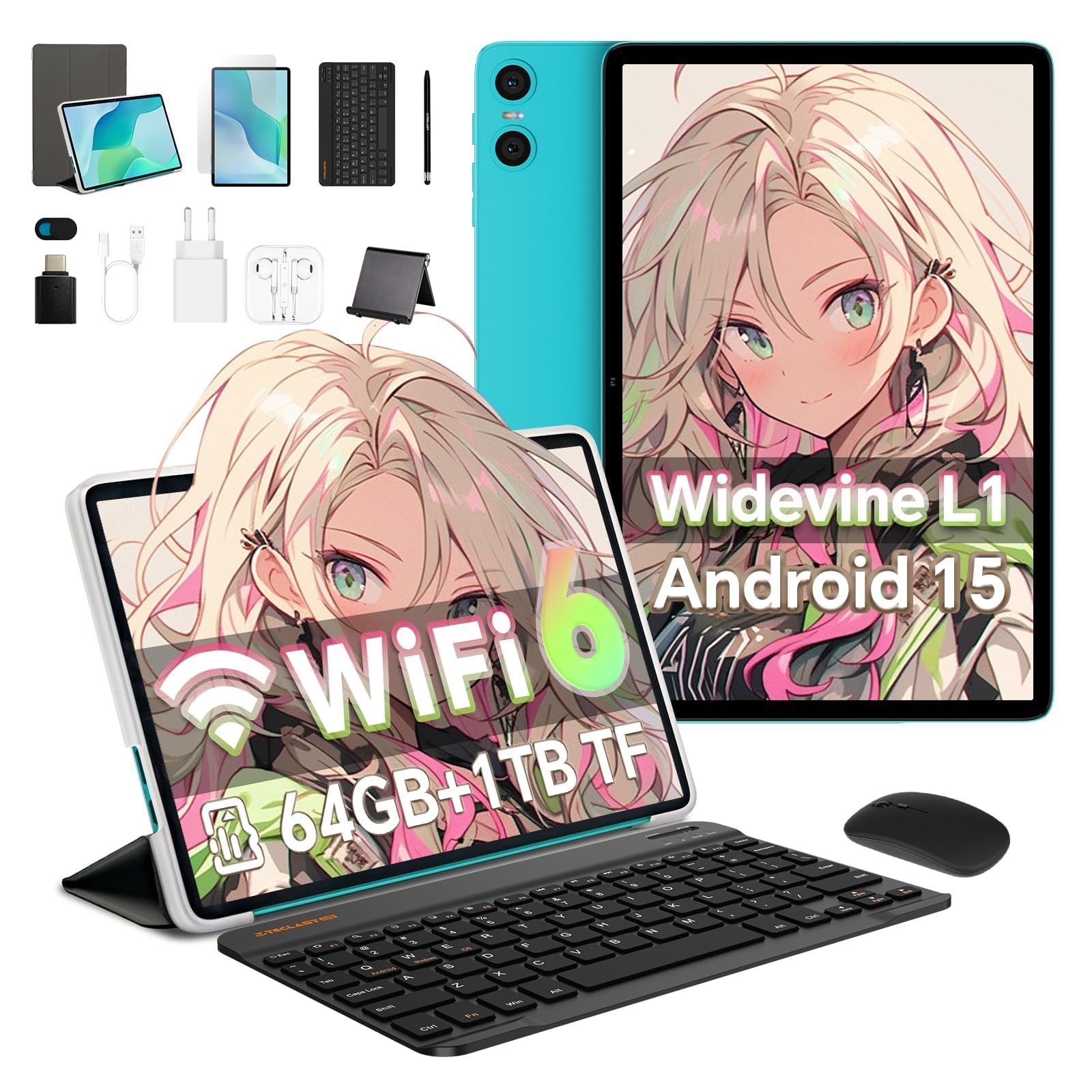 [수량 한정] 태블릿 태블릿 1개 확장형, 10인치 2개, 9GB+64GB+1TB 키보드/마우스/보호 케이스/스타일러스/필름/스탠드/헤드폰/설명서 포함 L1+BT5.4+GMS+6000mAh+타입-C+OTG+ 얼굴 인식+무선