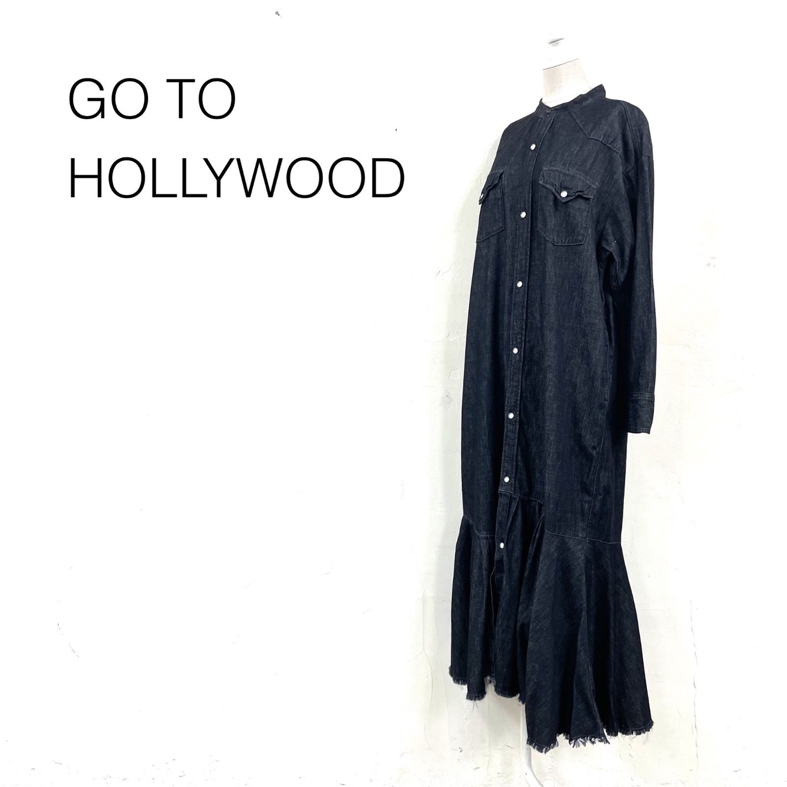 美品タグ付 Go To Hollywood ゴートゥーハリウッド ブラックデニムシャツフレアワンピース 長袖 フリンジ フラップポケット スナップボタン size1 黒 綿