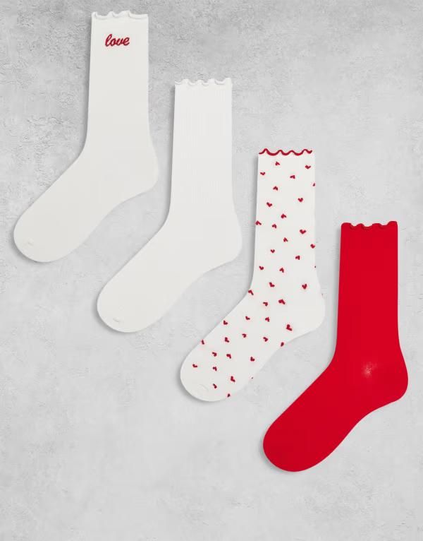 リンデックス レディース アンダーウェア 靴下 プリント Lindex 4pack lettucedge Valentine print socks in offwhite and Whitered ホワイト