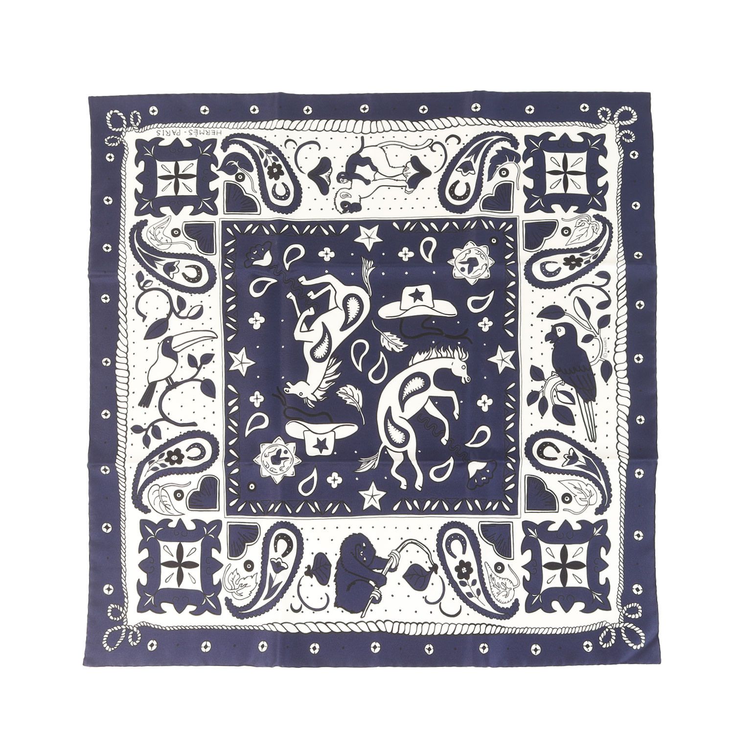 【美品】HERMES エルメス | 24SS シルクバンダナ アニマル・バンダナ | マリン ホワイト ブラック | 55×55cm | フランス製 ブランド ファッション アイテム 小物【メンズ】【中古】