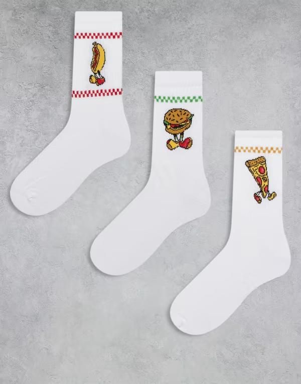 エイソス メンズ アンダーウェア 靴下 ASOS DESIGN 3 pack socks with fast food characters with embroidery IVORY アイボリー