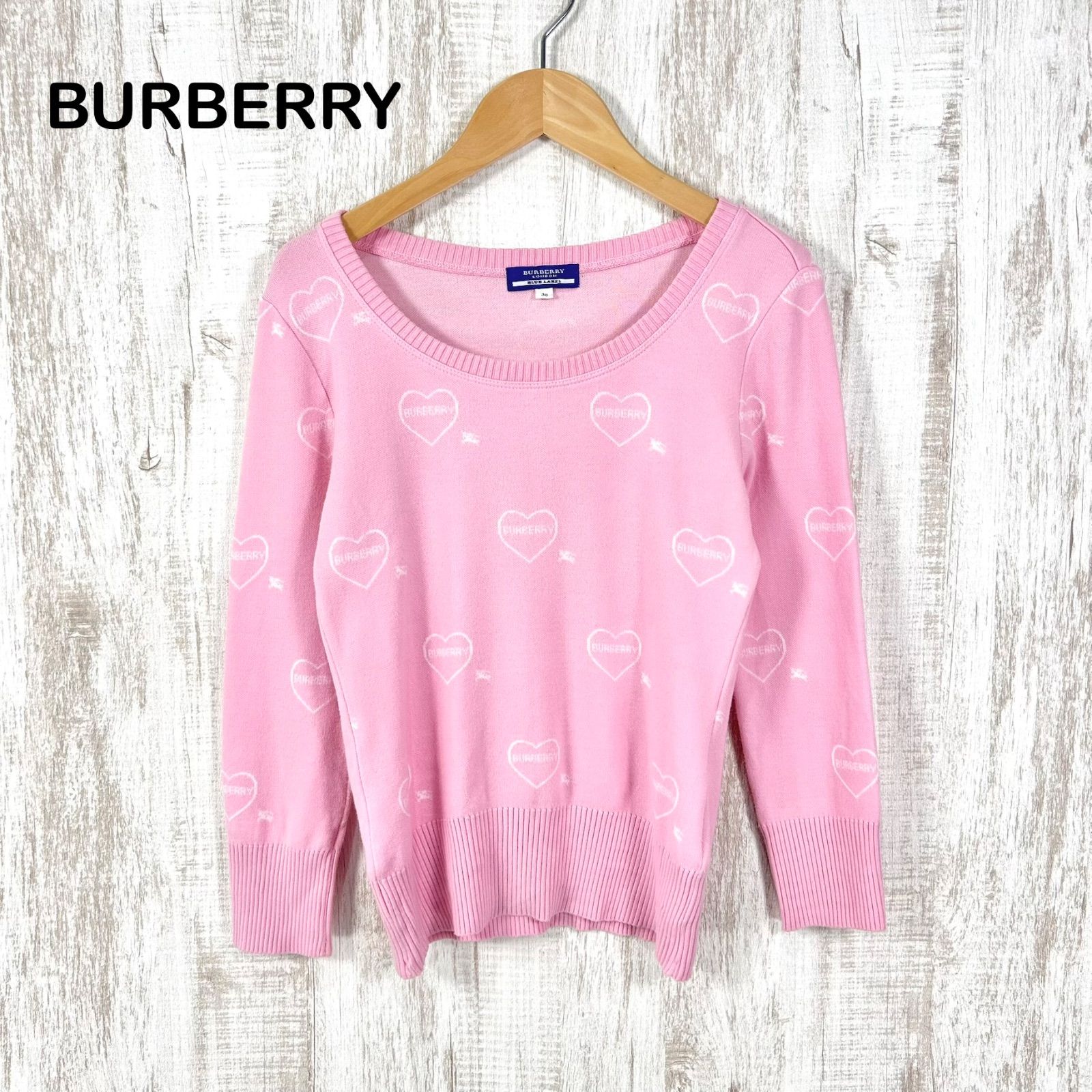00s BURBERRY BLUE LABEL バーバリーブルーレーベル ホースロゴ ハート 総柄 コットンニット 七分袖 セーター ピンク y2k 平成ギャル