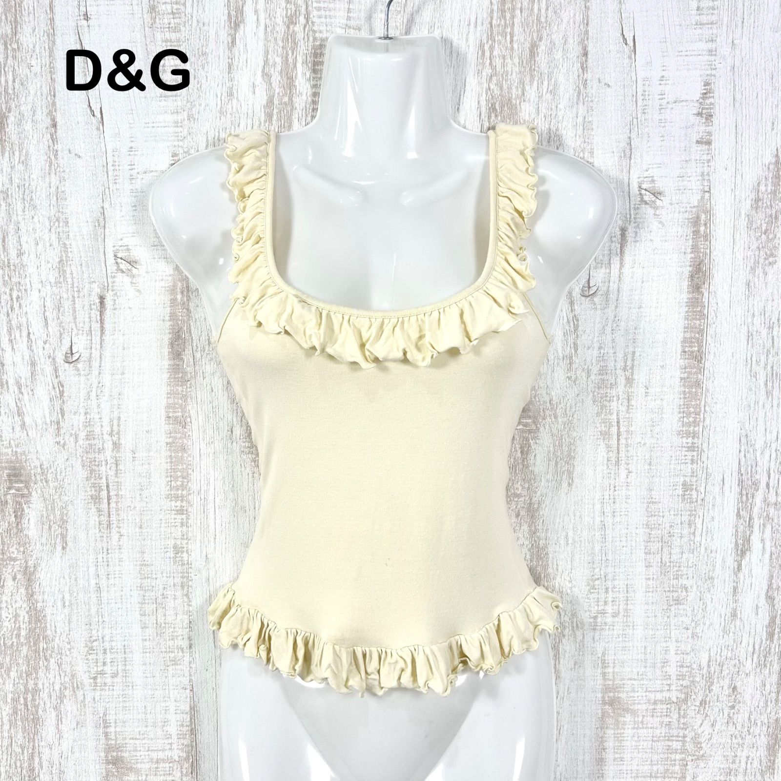 00s D&G DOLCE&GABBAN ドルチェアンドガッバーナ フリル ストレッチ タンクトップ アイボリー レディース ノースリーブ トップス y2k バレエコア