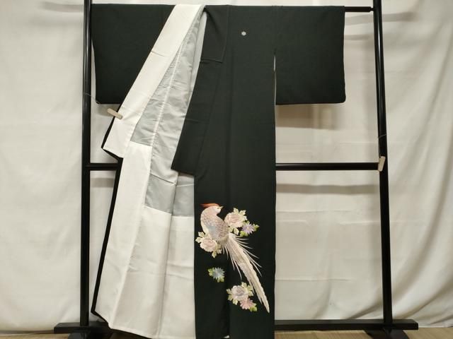 平和屋着物＊夏物　黒留袖　絽　刺繍　尾長鳥風景文　銀彩　洗える着物　CABB2168ze 平和屋着物＊夏物 黒留袖 絽 刺繍 尾長鳥風景文 銀彩 洗える