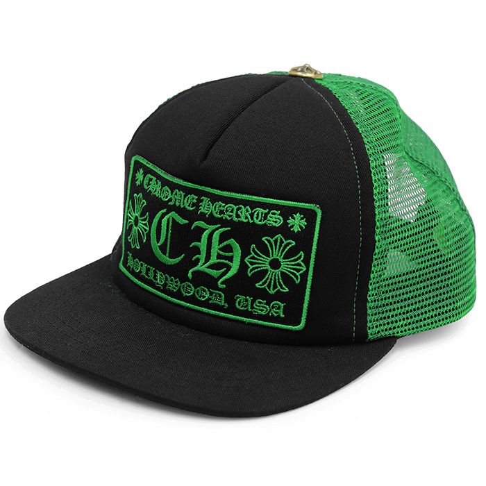 【美品】CHROME HEARTS クロムハーツ トラッカーキャップ サイズ ONE SIZE 53-60 メンズ レディース ユニセックス メッシュ セメタリークロス コットン × ポリエステル 帽子 小物 ブラック グリーン 黒 緑 アメリカ製