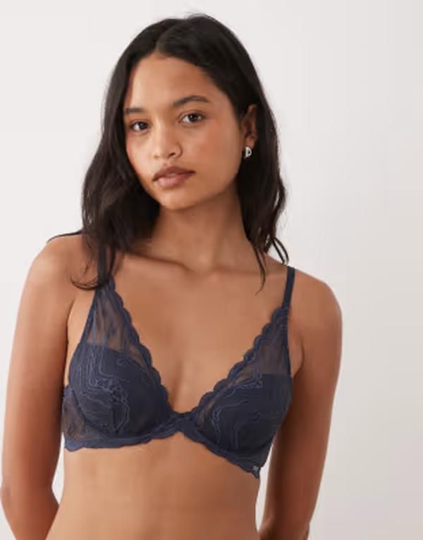 カルバンクライン レディース アンダーウェア ブラジャー レース Calvin Klein Sensual Stretch lightly lined plunge lace bra NAVY ネイビー