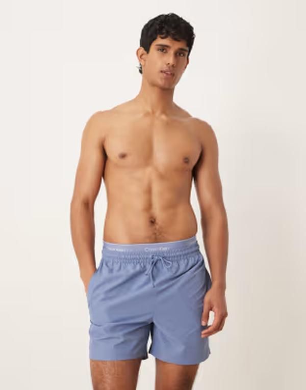 カルバンクライン メンズ 水着 ハーフパンツ・ショーツ ショートパンツ ロゴ Calvin Klein logo waistbandrawstring swim shorts Blue Tulip ブルー