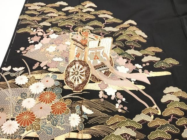 平和屋着物●豪華黒留袖　作家物　駒刺繍　花鳥文　暈し染め　金彩　正絹　逸品　BAAW3524mz 平和屋着物□豪華黒留袖 作家物 駒刺繍 地紙花文 暈し染め 金彩 正絹