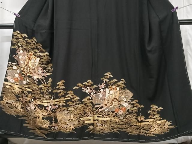 平和屋着物□豪華黒留袖 駒刺繍 御所車浜松文 金彩 正絹 逸品