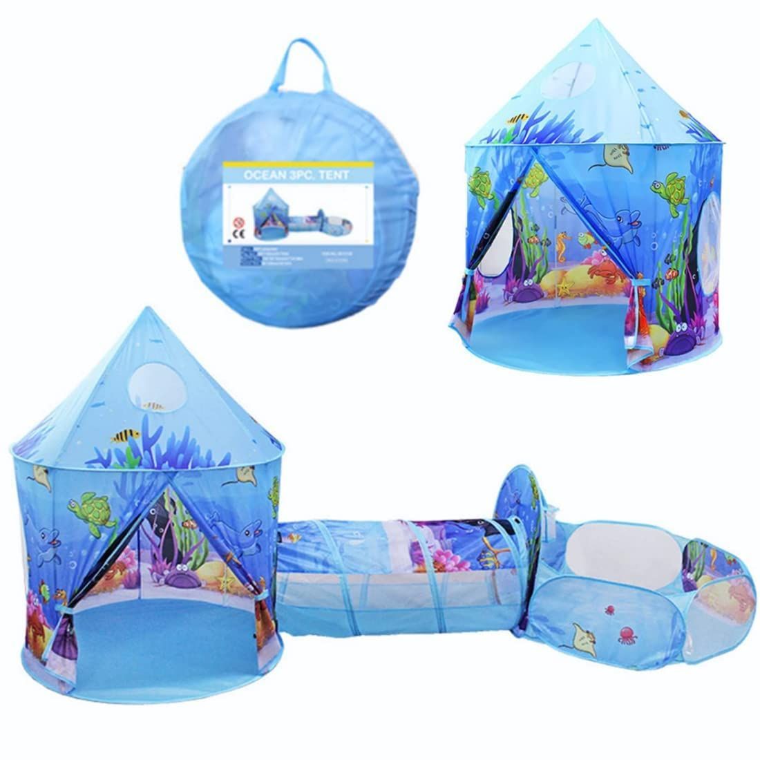 テント子供用3in1 こどもてんと 3点セット 折りたたみ 設置簡単 子供テント Kids Tent キッズテント ボールプール 室内 プレイテントハウス ボールテント キャリーバッグ付き マリンワールド おままごと (ブルー)
