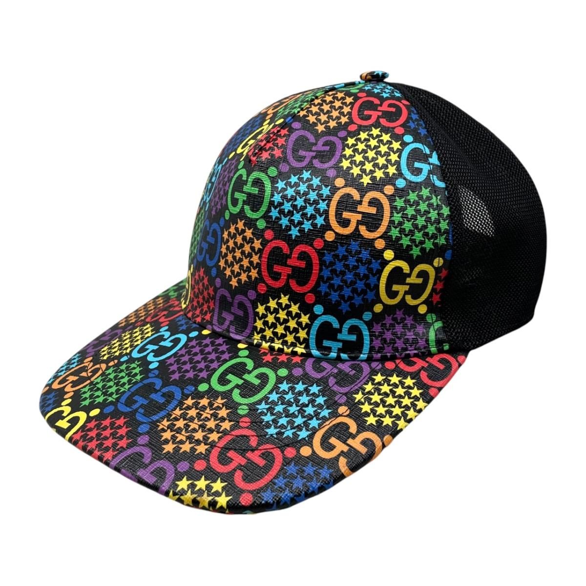 ☆グッチ 帽子 GGサイケデリック ベースボールキャップ 601253 Mサイズ メッシュ マルチカラー レインボー ブラック GUCCI