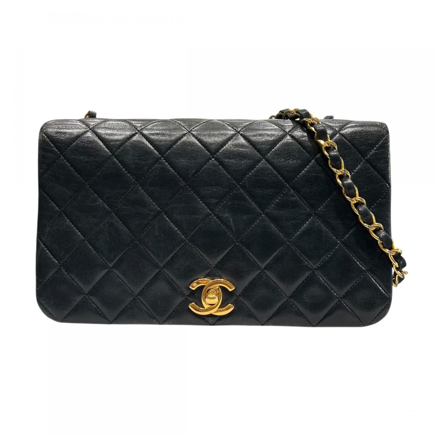 【中古】 CHANEL シャネル ココマーク マトラッセ フルフラップ チェーンショルダーバッグ 1番台 ゴールド金具 ラムスキン ブラック25008925 SA