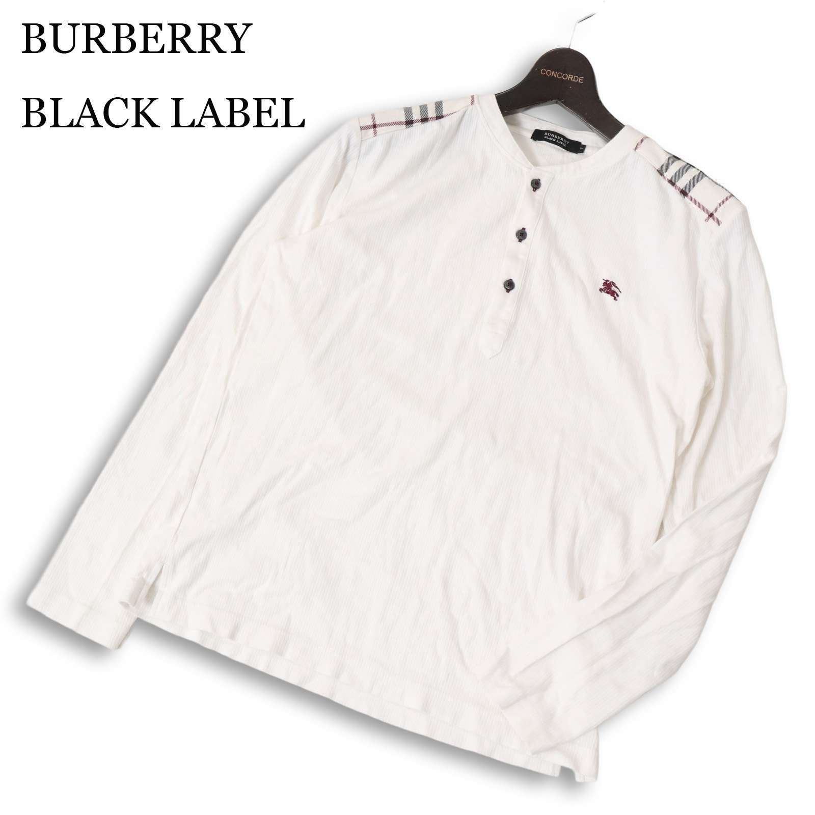 BURBERRY BLACK LABEL バーバリー ブラックレーベル 通年 ホース刺繍長袖 ヘンリーネック リブ カットソー Sz.2 メンズ 白