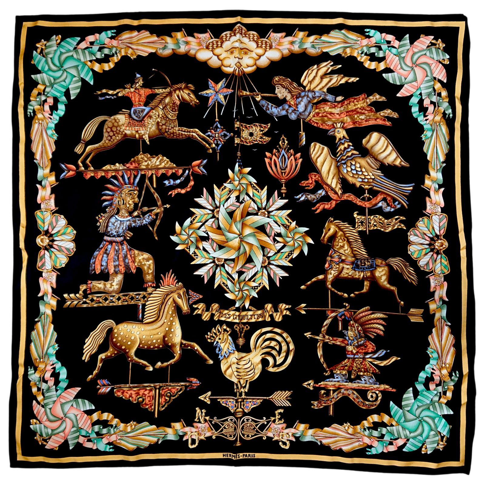 【美品】エルメス　スカーフ　カレ90LES GIROUETTES 風見鶏 美品】エルメス カレ90 LES GIROUETTES 風見鶏 シルクスカーフ - メルカリ