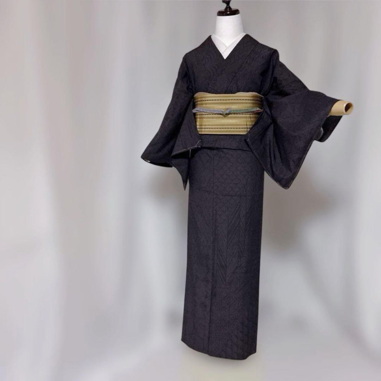 未着用 本塩沢 単衣 小紋 フルセット 博多筑前半幅帯付 黒紅 上質夏 