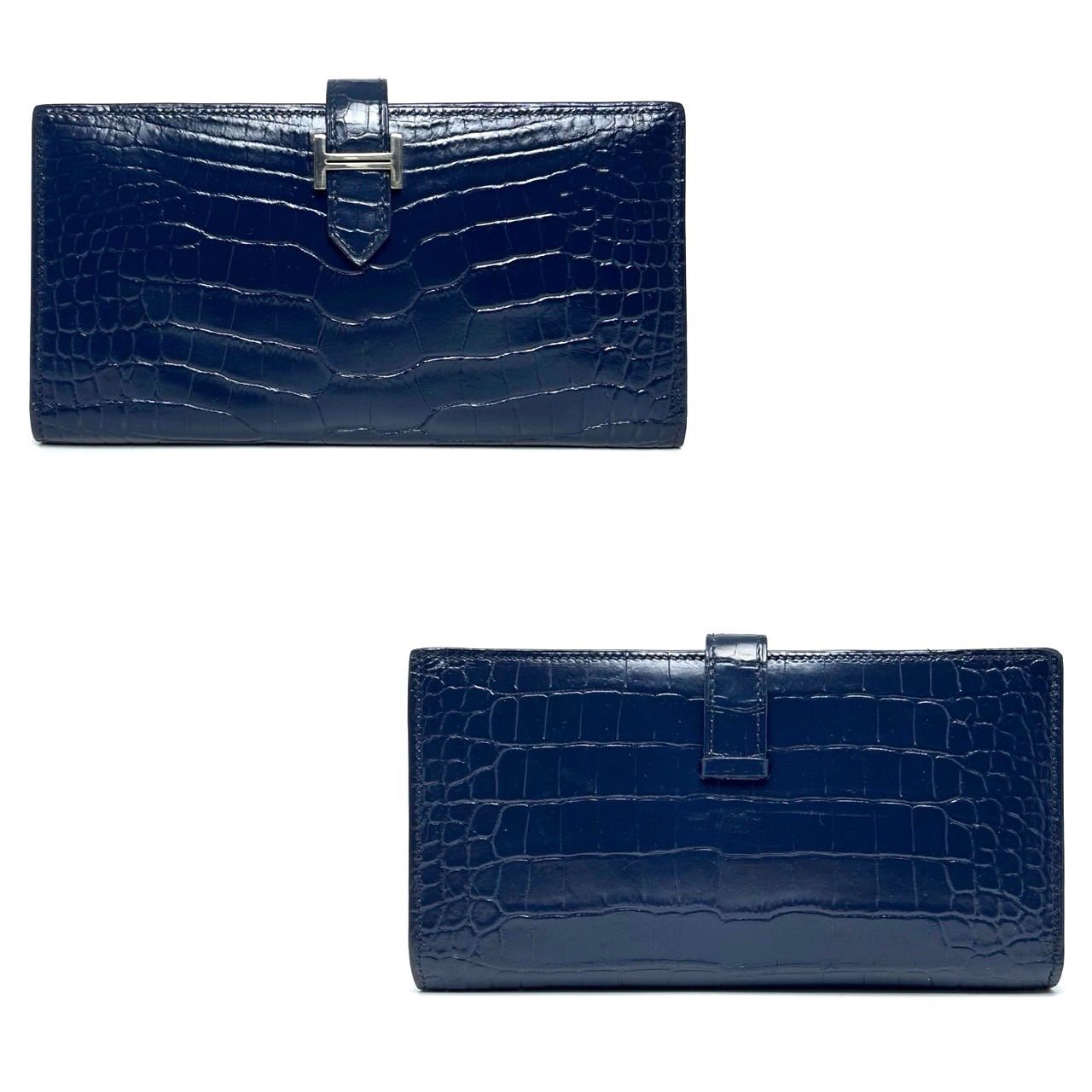 エルメス】HERMES 【ベアンスフレ】【箱】アリゲーター 紺 シルバー 