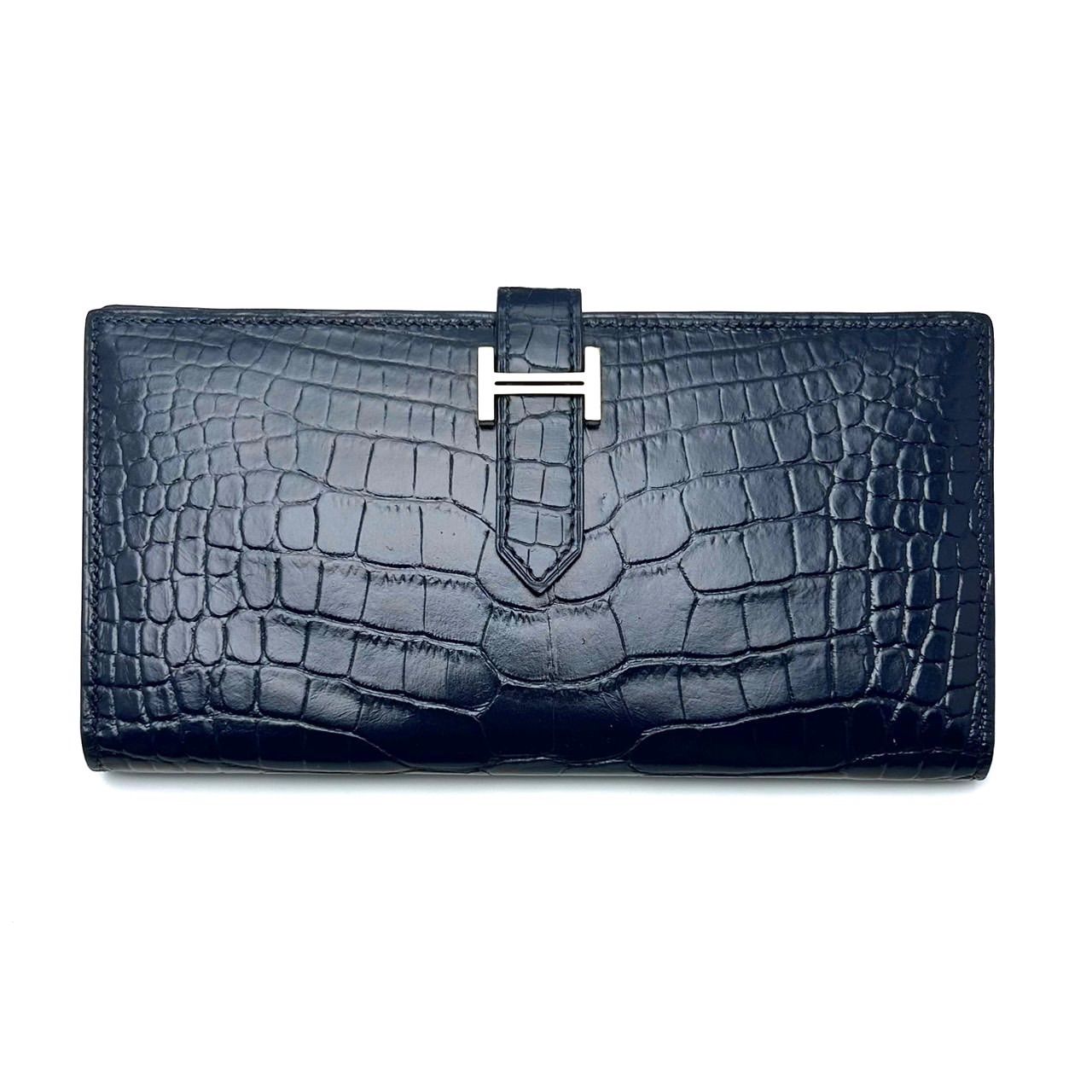 【HERMES】HERMES ベアンスフレ　アリゲーター（艶あり）　ネイビー　長財布