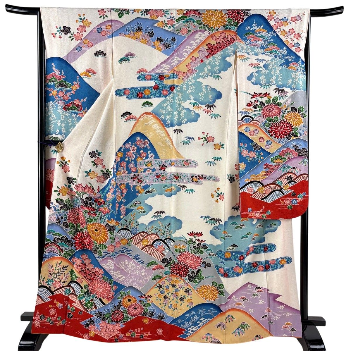 振袖 身丈167cm 裄丈65cm M 袷 松竹梅 波 縮緬 クリーム 正絹 名品 【中古】