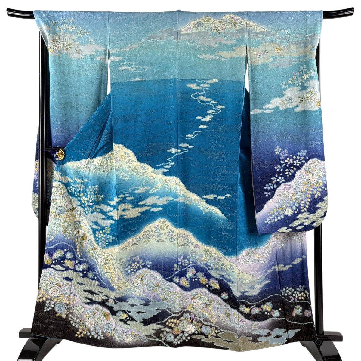 【美品】 振袖 身丈161cm 裄丈69cm L 袷 翠山工房 やまと 落款 辻が花 霞 金通し ぼかし 青緑 正絹 逸品 【中古】