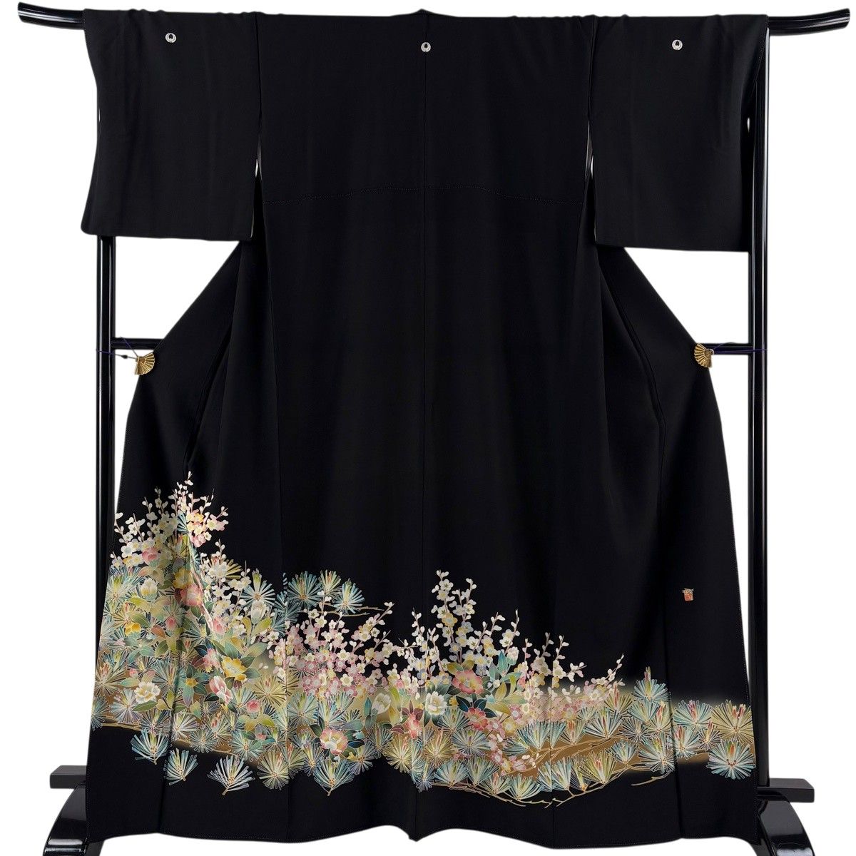 黒留袖 身丈166cm 裄丈68cm L 袷 落款 松 椿 ぼかし 黒 正絹 名品 【中古】