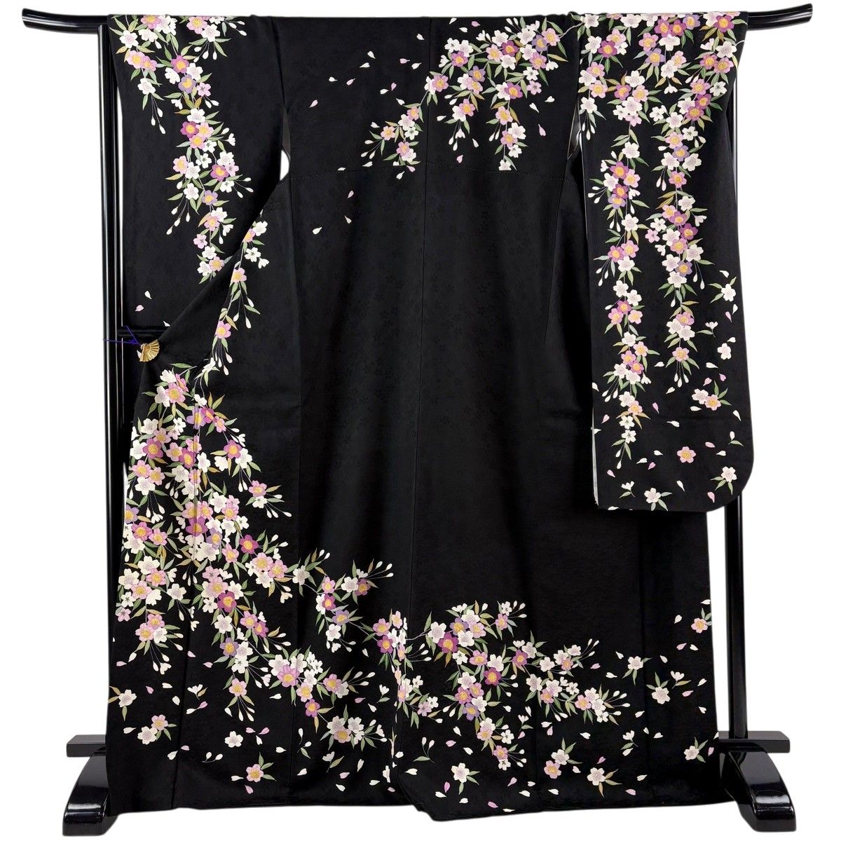 振袖 身丈172cm 裄丈67.5cm L 袷 枝垂れ桜 黒 正絹 名品 【中古】
