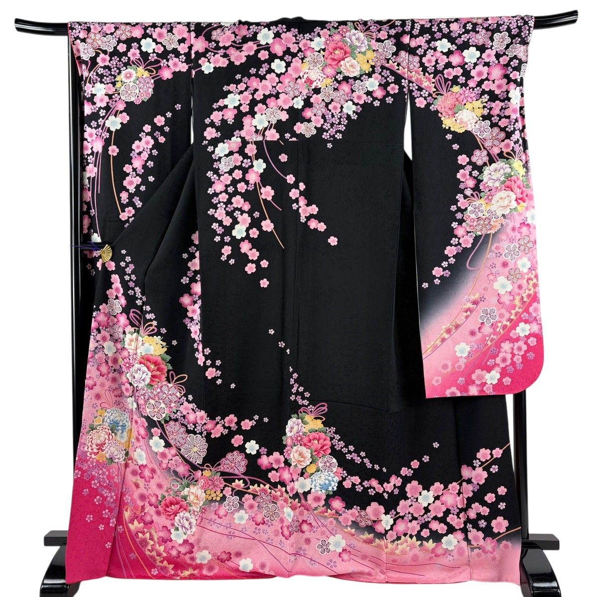 振袖 身丈170cm 裄丈69cm L 袷 花束 桜 金彩 刺繍 ピンク 正絹 名品 【中古】