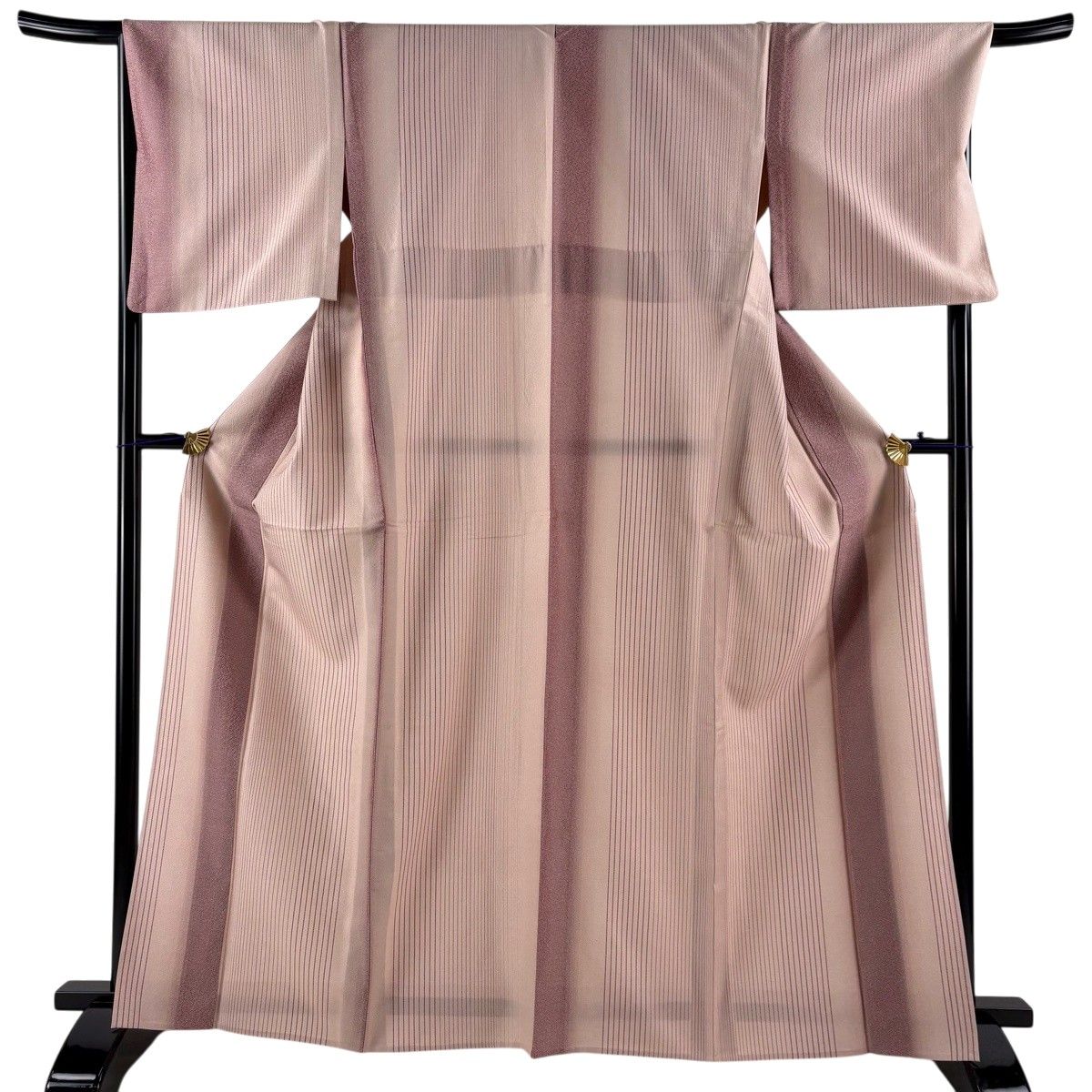 【美品】 お召 身丈165cm 裄丈68cm L 単衣 縞 幾何学模様 ピンク 正絹 名品 【中古】