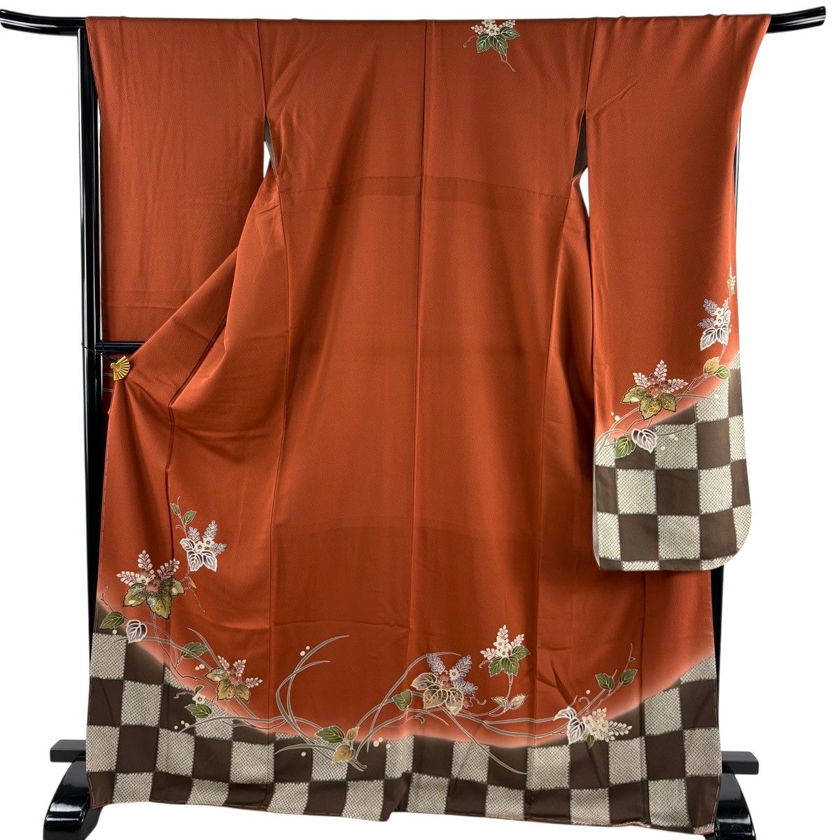 振袖 身丈171cm 裄丈70cm L 袷 桐 市松 金彩 染め分け 赤茶 正絹 秀品 【中古】