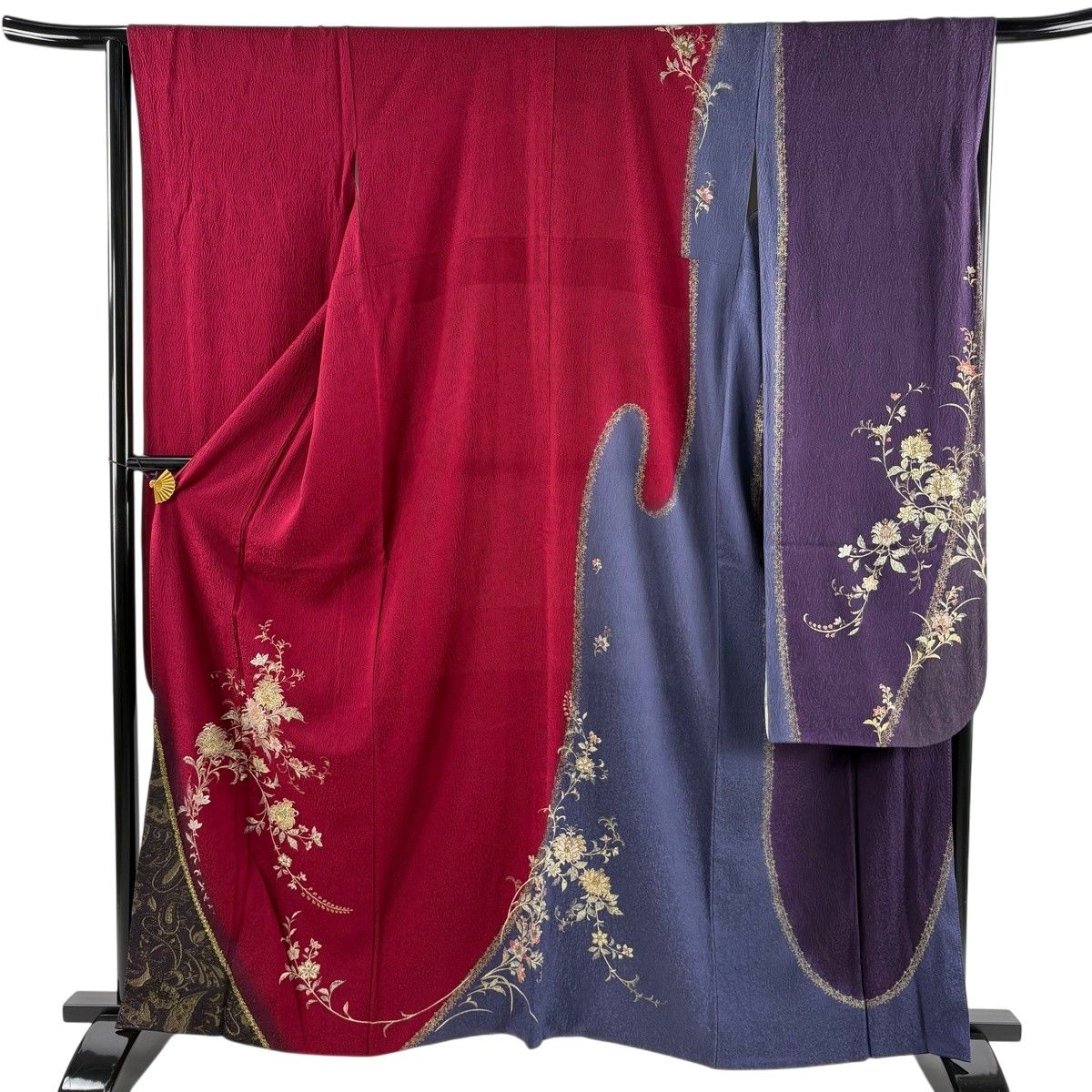 振袖 身丈162cm 裄丈66cm M 袷 やまと 草花 金銀糸 金銀彩 えんじ色 正絹 秀品 【中古】