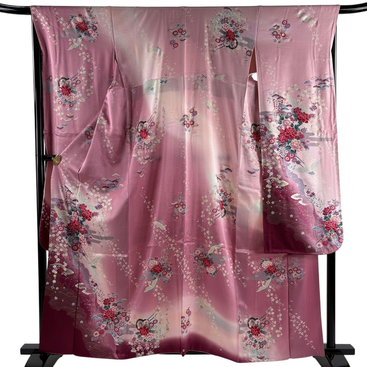 振袖 身丈160.5cm 裄丈67cm M 袷 花車 鶴 金銀彩 ぼかし ピンク 正絹 秀品 【中古】