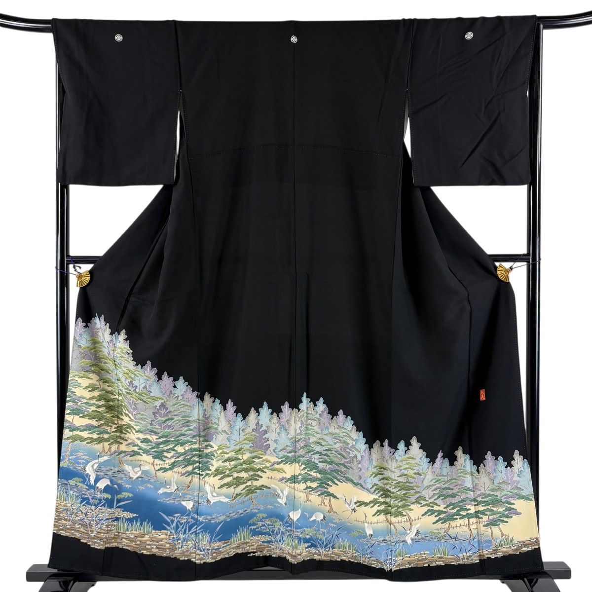 黒留袖 身丈156.5cm 裄丈66.5cm M 袷 落款 松 鶴 ぼかし 黒 正絹 秀品 【中古】