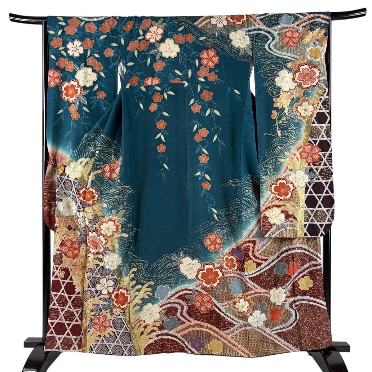 振袖 身丈160cm 裄丈66cm M 袷 桜 波頭 金彩 ぼかし 青緑 正絹 秀品 【中古】