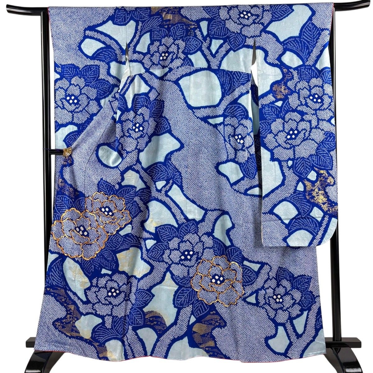 振袖 身丈163cm 裄丈64cm M 袷 草花 金糸 絞り 水色 正絹 秀品 【中古】