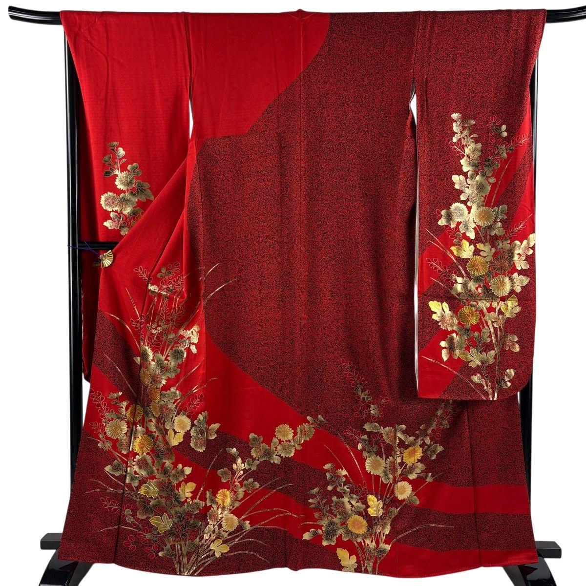【美品】 振袖 身丈163cm 裄丈68.5cm L 袷 菊 萩 金彩 赤 正絹 秀品 【中古】